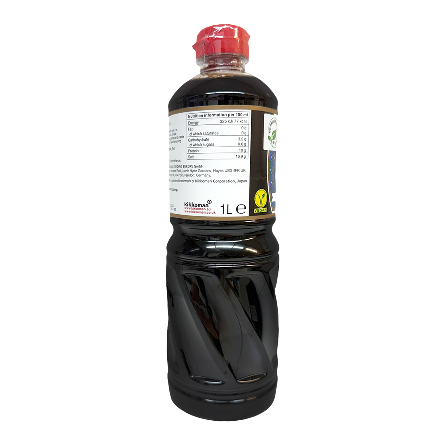 Bottle of soy sauce with nutritional label on a white background