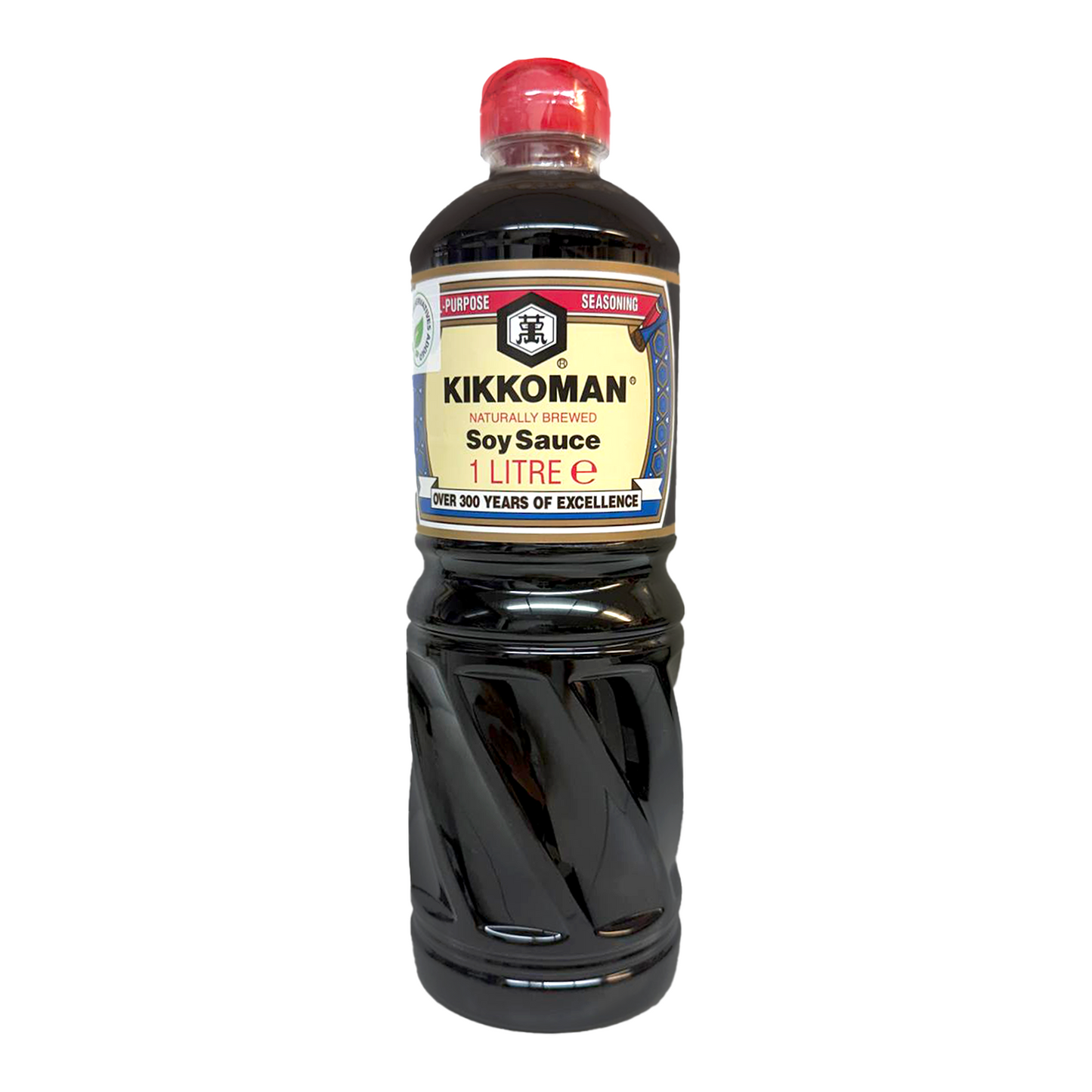 Kikkoman soy sauce bottle on a white background