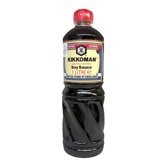 Kikkoman soy sauce bottle on a white background