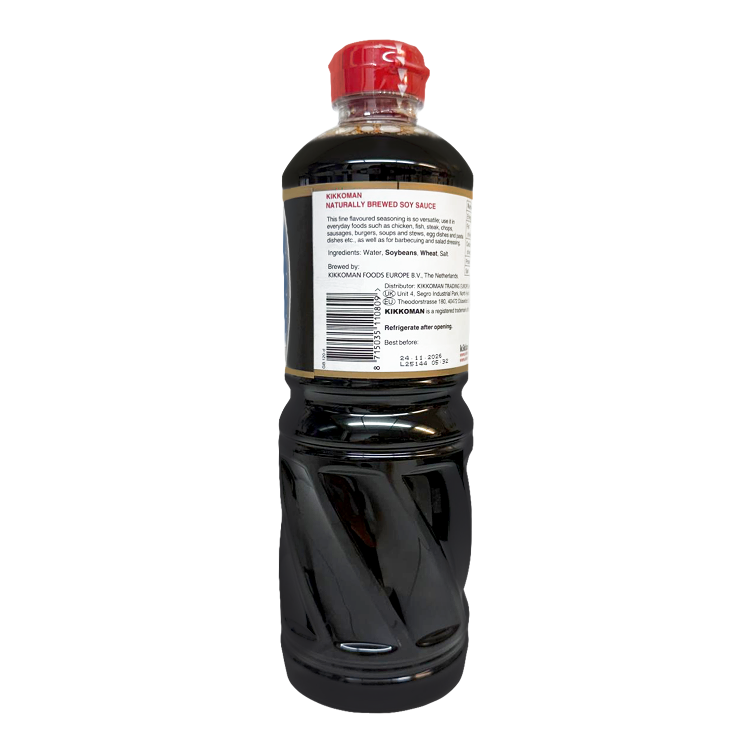 Bottle of soy sauce with ingredients list on a white background